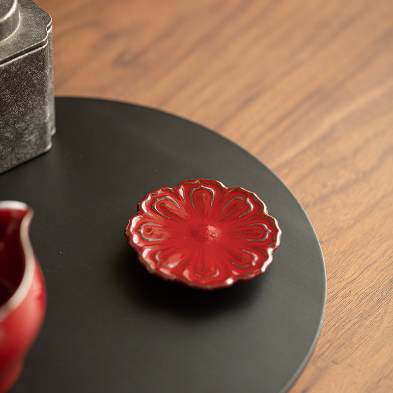 Authentic Raw Mineral Iron-Body Forbidden City Red Lotus Coaster & Lid Rest - Teaware Accessories