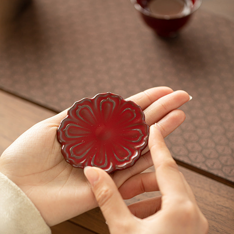 Authentic Raw Mineral Iron-Body Forbidden City Red Lotus Coaster & Lid Rest - Teaware Accessories