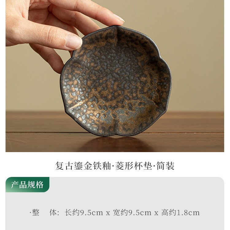 Minimalist Vintage Coarse Stoneware Gilded Iron-Rust Rhombus Coaster & Lid Rest - Teaware Accessories