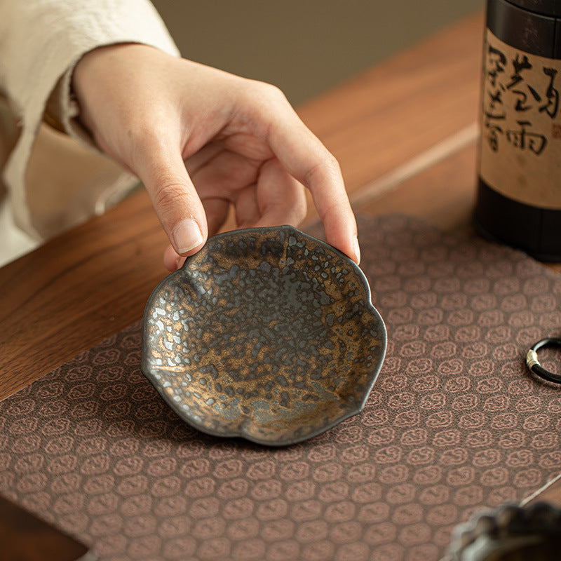 Minimalist Vintage Coarse Stoneware Gilded Iron-Rust Rhombus Coaster & Lid Rest - Teaware Accessories