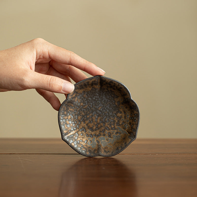Minimalist Vintage Coarse Stoneware Gilded Iron-Rust Rhombus Coaster & Lid Rest - Teaware Accessories