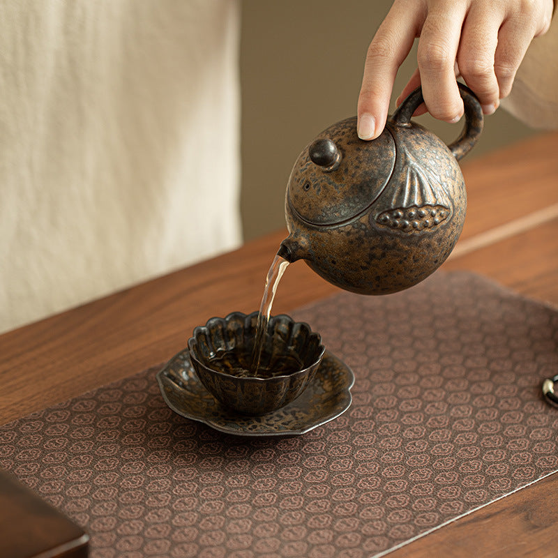 Minimalist Vintage Coarse Stoneware Gilded Iron-Rust Rhombus Coaster & Lid Rest - Teaware Accessories