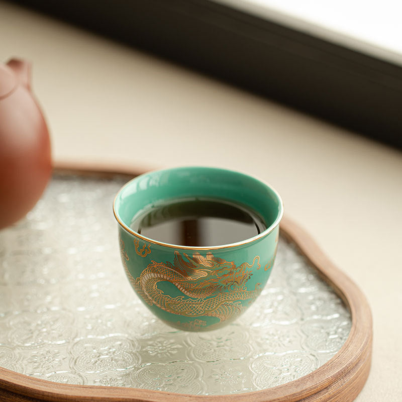 Authentic Turquoise Green Dragon Soaring Bucket Ceramic Master Teacup - 90ml Anti-Scald Cup