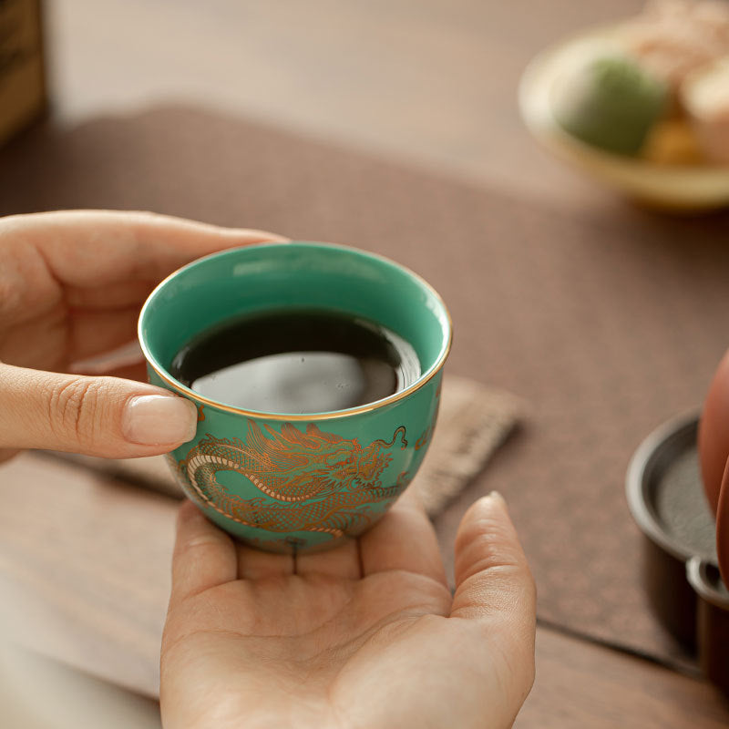 Authentic Turquoise Green Dragon Soaring Bucket Ceramic Master Teacup - 90ml Anti-Scald Cup