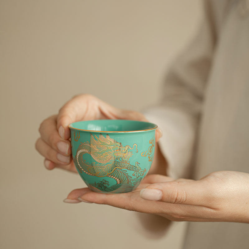 Authentic Turquoise Green Dragon Soaring Bucket Ceramic Master Teacup - 90ml Anti-Scald Cup