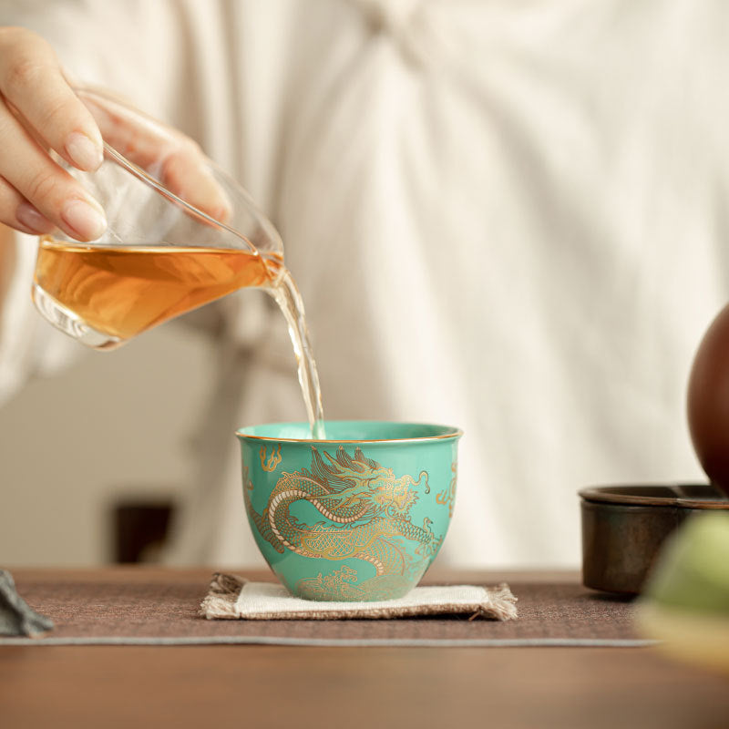 Authentic Turquoise Green Dragon Soaring Bucket Ceramic Master Teacup - 90ml Anti-Scald Cup