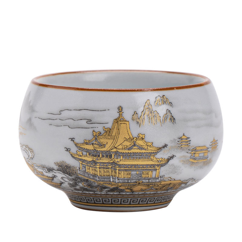 Antique Ru Ware Celadon 24K Gold Mountain Landscape Luohan Master Teacup - 85ml Anti-Scald Cup