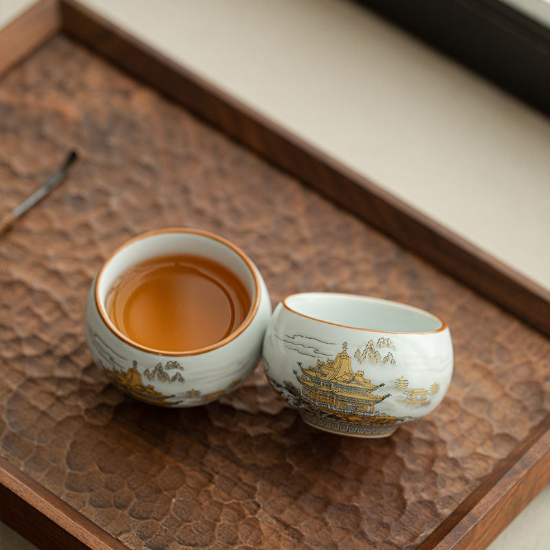 Antique Ru Ware Celadon 24K Gold Mountain Landscape Luohan Master Teacup - 85ml Anti-Scald Cup