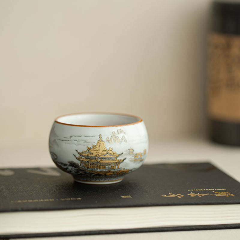 Antique Ru Ware Celadon 24K Gold Mountain Landscape Luohan Master Teacup - 85ml Anti-Scald Cup