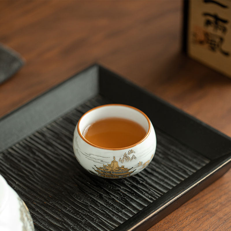 Antique Ru Ware Celadon 24K Gold Mountain Landscape Luohan Master Teacup - 85ml Anti-Scald Cup