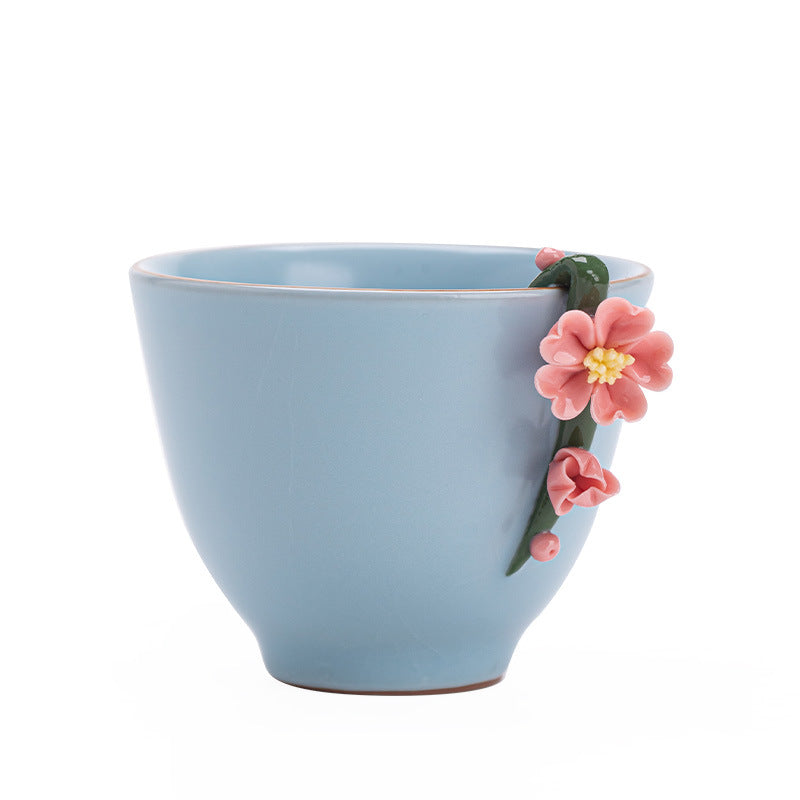 Handcrafted Pinched-Flower Tianqing Ru Ware Celadon Crackle Master Teacup - 80ml Gongfu Cup