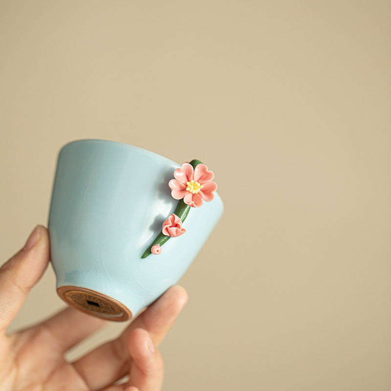 Handcrafted Pinched-Flower Tianqing Ru Ware Celadon Crackle Master Teacup - 80ml Gongfu Cup