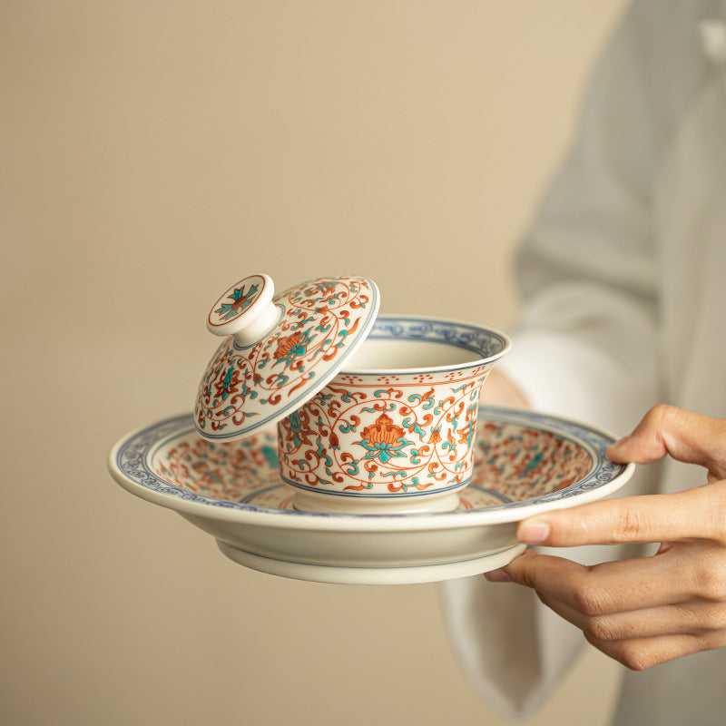 Authentic Jingdezhen Famille-Rose Intertwined Lotus Gaiwan & Pot Bearer Set - 2pc Gongfu Suite