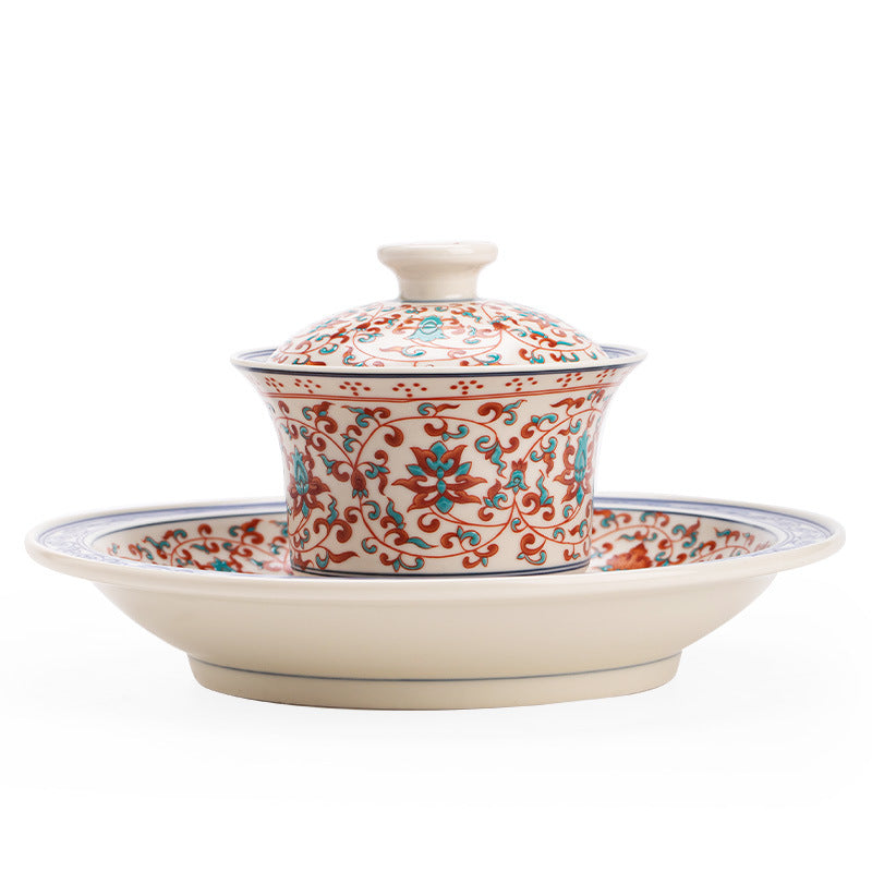 Authentic Jingdezhen Famille-Rose Intertwined Lotus Gaiwan & Pot Bearer Set - 2pc Gongfu Suite