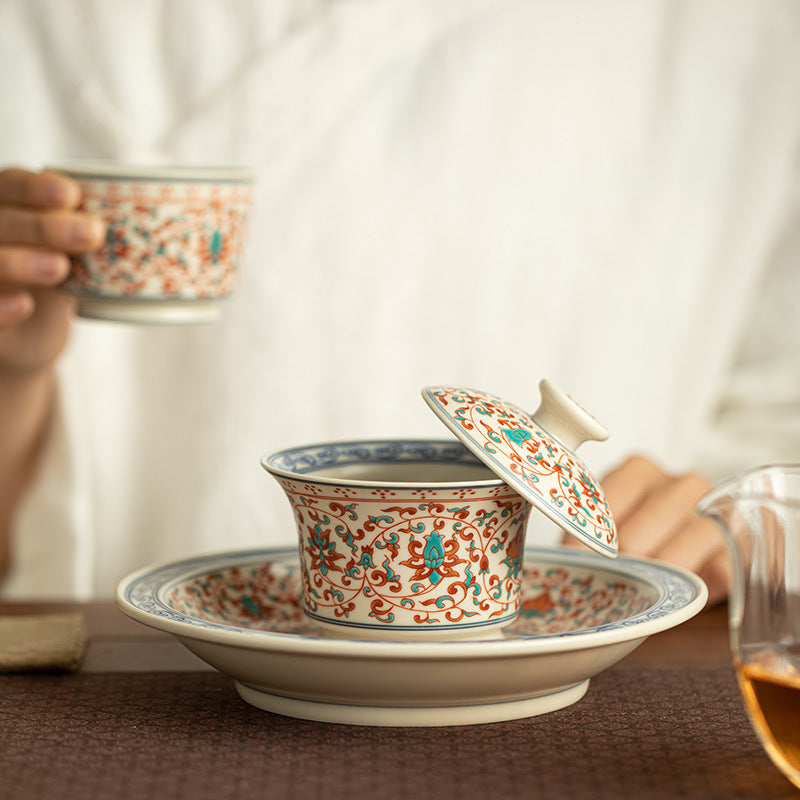 Authentic Jingdezhen Famille-Rose Intertwined Lotus Gaiwan & Pot Bearer Set - 2pc Gongfu Suite