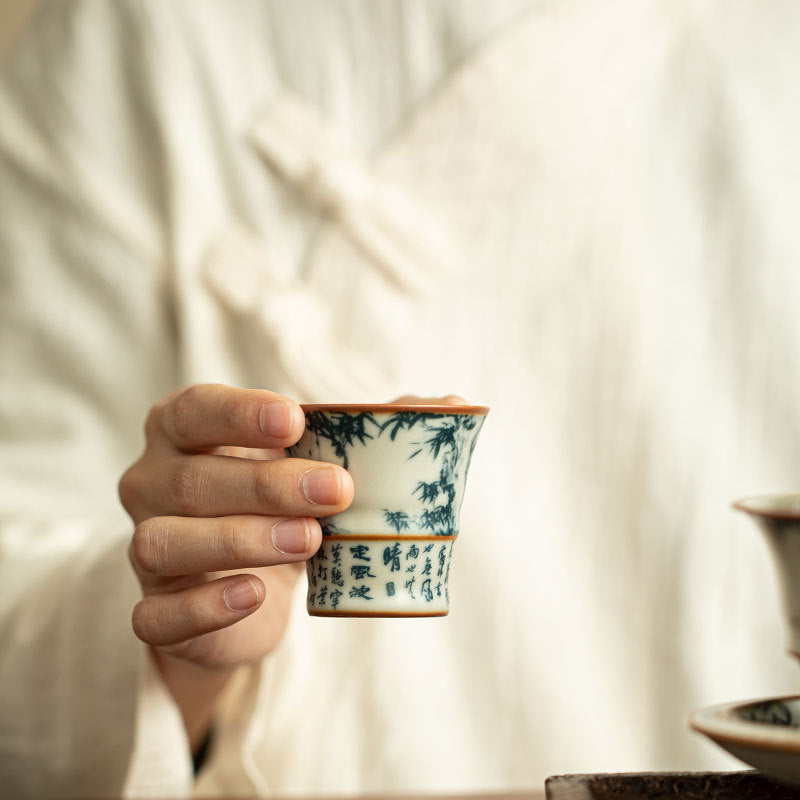 Authentic Jingdezhen Ru Ware Blue & White Bamboo Shadow Aroma Master Teacup - 75ml Gongfu Cup