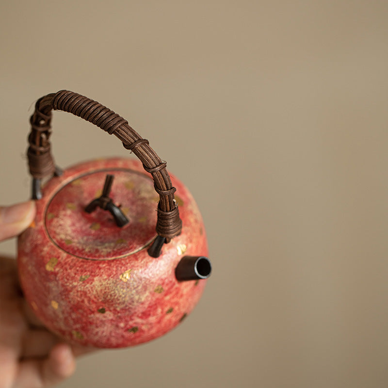 Authentic Jingdezhen Rock Mineral Colored Pottery Rattan-Woven Beam-Handle Teapot - 220ml Kettle