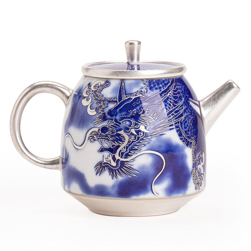 Authentic Dehua Blue & White Porcelain-Body Silver-Gilt Rock Tea Teapot - 180ml Gift Box