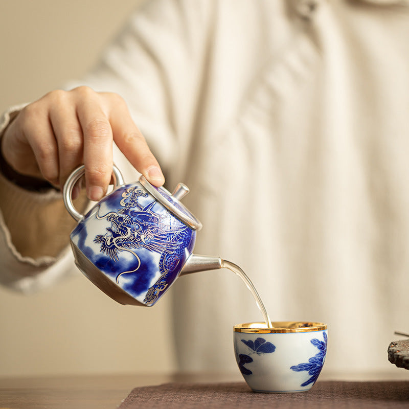 Authentic Dehua Blue & White Porcelain-Body Silver-Gilt Rock Tea Teapot - 180ml Gift Box