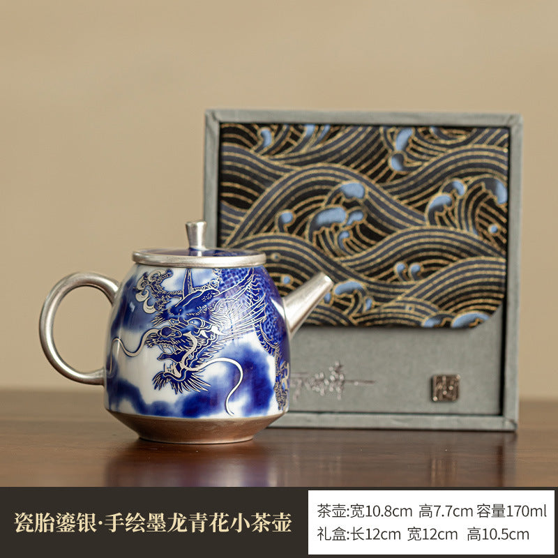 Authentic Dehua Blue & White Porcelain-Body Silver-Gilt Rock Tea Teapot - 180ml Gift Box