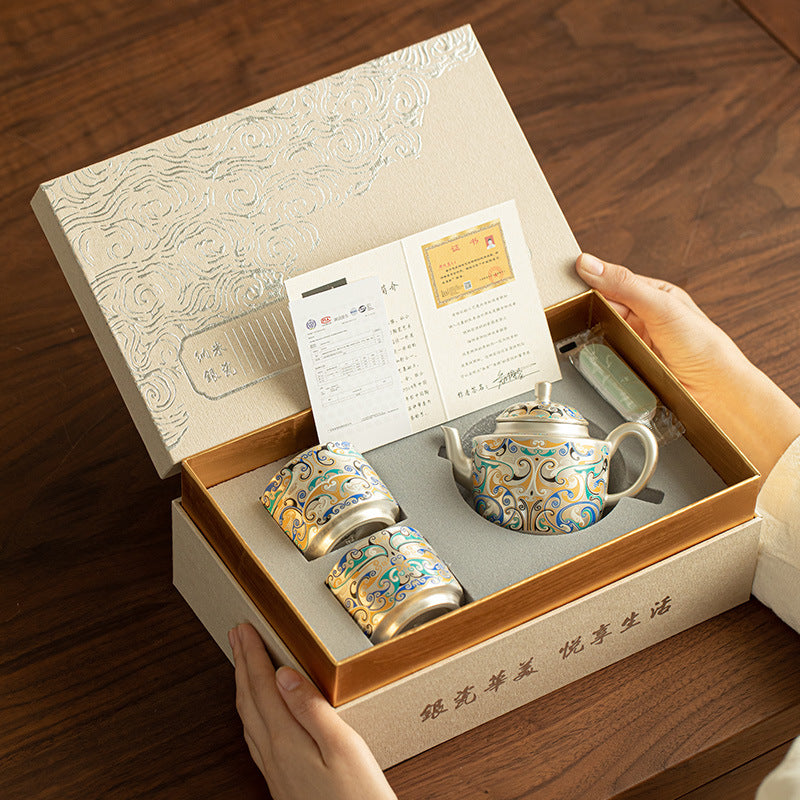 Authentic Cultural-Creative Silver-Gilt Ceramic Teapot & 2 Cups Set - Luxury Brocade Gift Box Suite