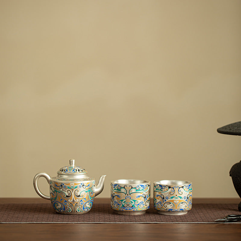 Authentic Cultural-Creative Silver-Gilt Ceramic Teapot & 2 Cups Set - Luxury Brocade Gift Box Suite
