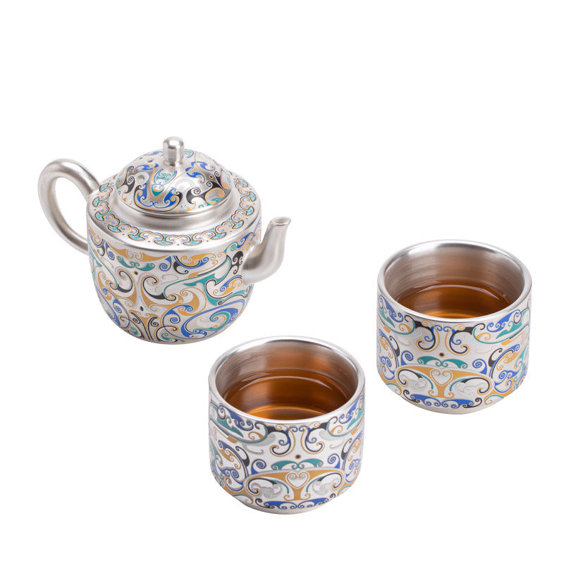 Authentic Cultural-Creative Silver-Gilt Ceramic Teapot & 2 Cups Set - Luxury Brocade Gift Box Suite