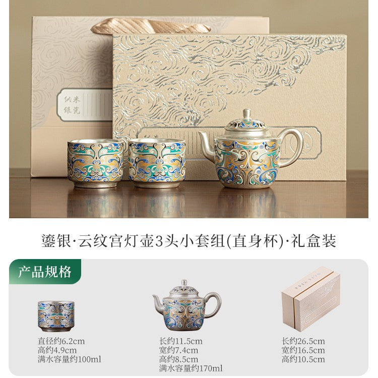 Authentic Cultural-Creative Silver-Gilt Ceramic Teapot & 2 Cups Set - Luxury Brocade Gift Box Suite