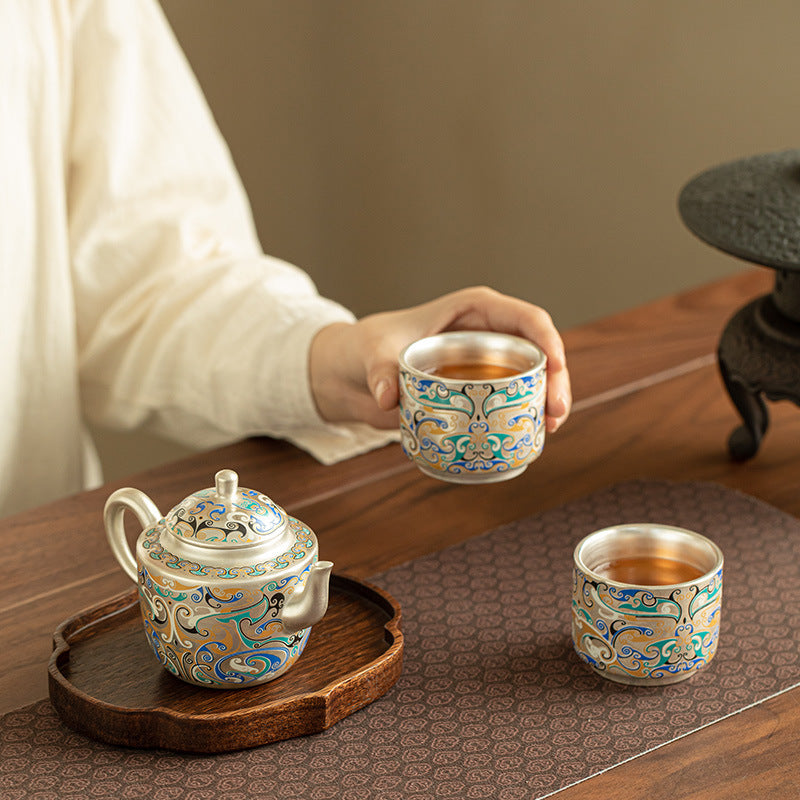 Authentic Cultural-Creative Silver-Gilt Ceramic Teapot & 2 Cups Set - Luxury Brocade Gift Box Suite