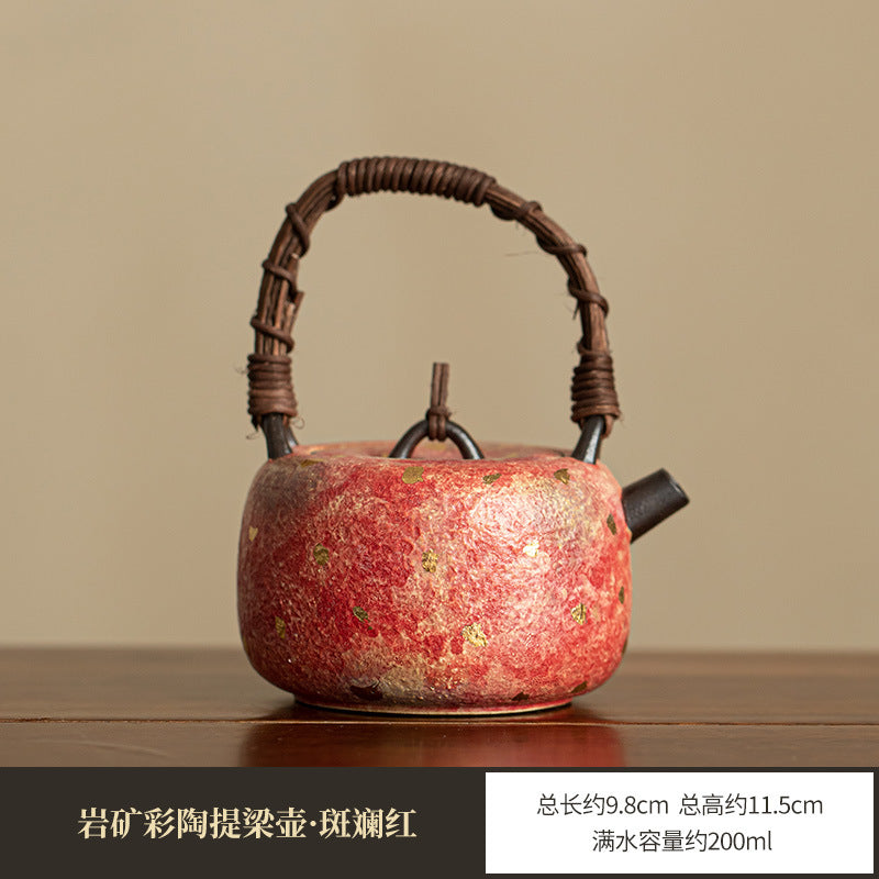 Authentic Jingdezhen Rock Mineral Colored Pottery Rattan-Woven Beam-Handle Teapot - 220ml Kettle