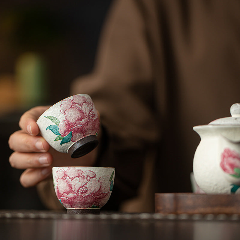 Authentic Old Rock Clay Subtle Peony Baoping Easy-Grip Teapot & Cups Set - Office Gongfu Suite