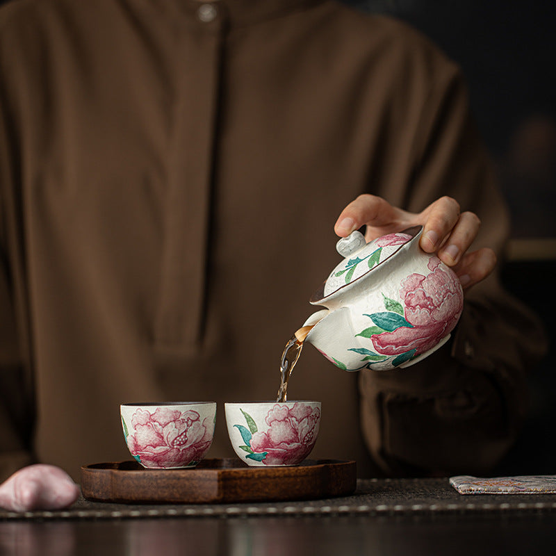 Authentic Old Rock Clay Subtle Peony Baoping Easy-Grip Teapot & Cups Set - Office Gongfu Suite