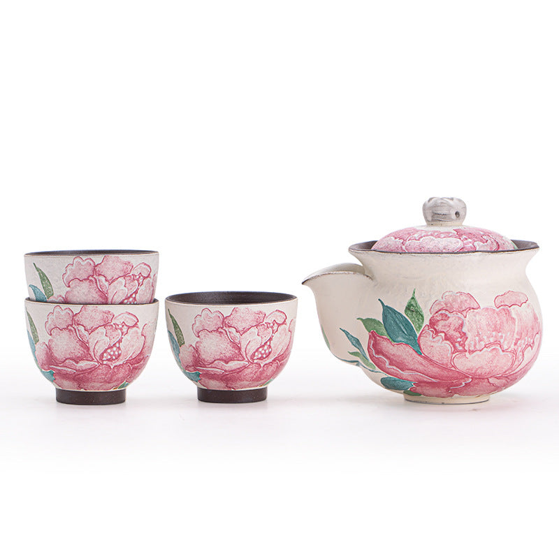 Authentic Old Rock Clay Subtle Peony Baoping Easy-Grip Teapot & Cups Set - Office Gongfu Suite
