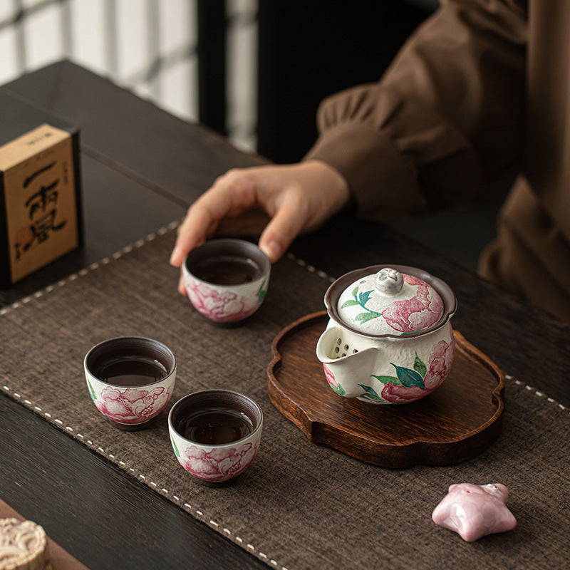 Authentic Old Rock Clay Subtle Peony Baoping Easy-Grip Teapot & Cups Set - Office Gongfu Suite
