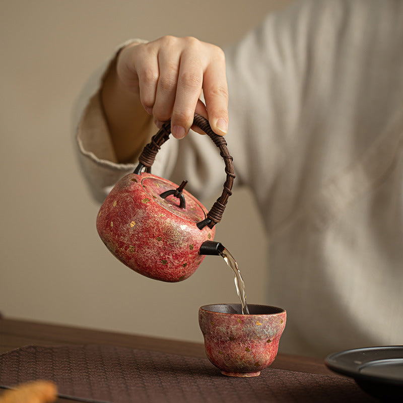 Authentic Jingdezhen Rock Mineral Colored Pottery Rattan-Woven Beam-Handle Teapot - 220ml Kettle