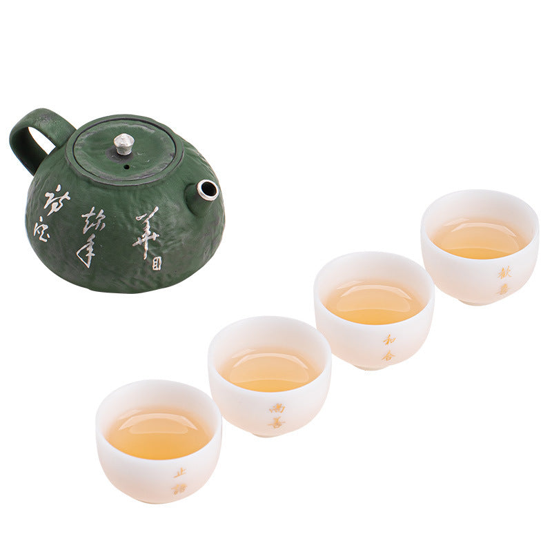 Authentic Jingdezhen Handwritten Calligraphy Ceramic Teapot & 4 Cups Set - 5pc Gift Box Suite