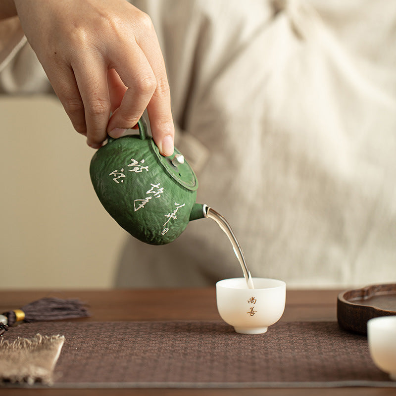 Authentic Jingdezhen Handwritten Calligraphy Ceramic Teapot & 4 Cups Set - 5pc Gift Box Suite
