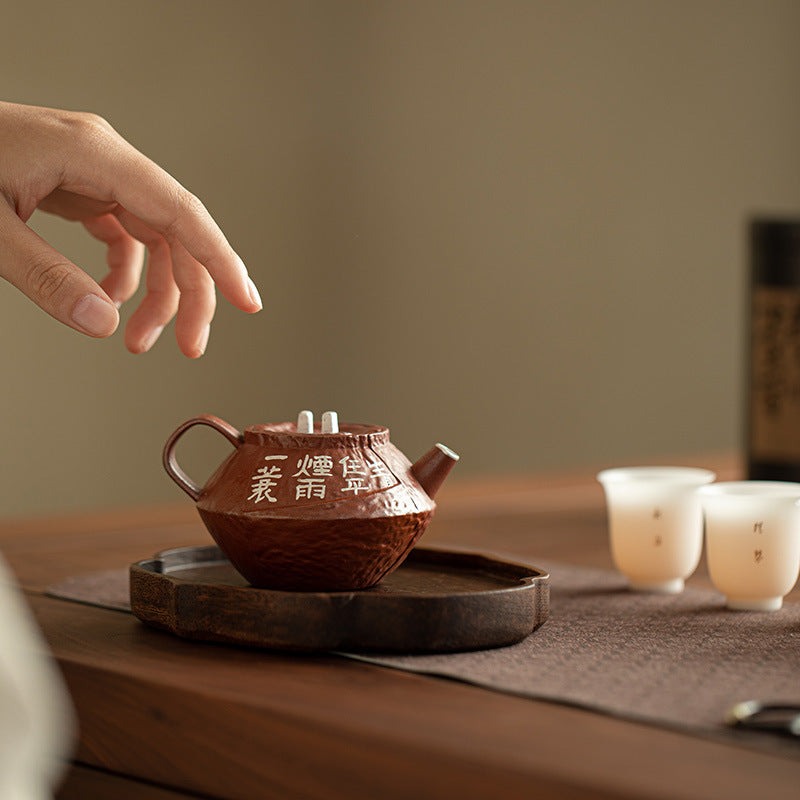 Master Zhou Handcrafted Calligraphy Upright Ceramic Teapot & 4 Cups Set - 220ml Collector Suite