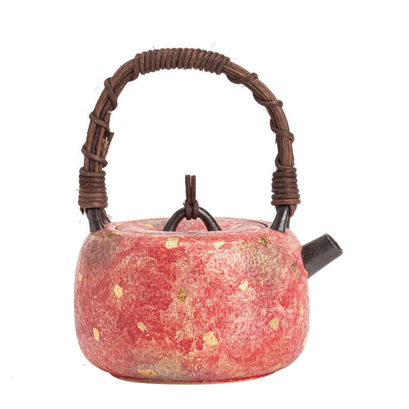 Authentic Jingdezhen Rock Mineral Colored Pottery Rattan-Woven Beam-Handle Teapot - 220ml Kettle