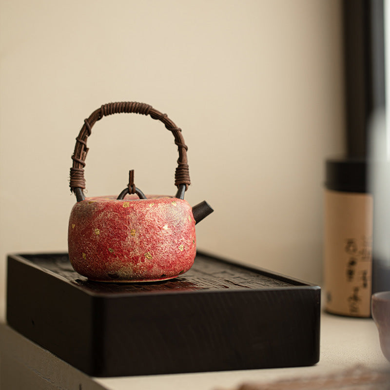 Authentic Jingdezhen Rock Mineral Colored Pottery Rattan-Woven Beam-Handle Teapot - 220ml Kettle