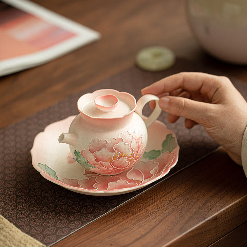 Authentic Jingdezhen Hand-Painted Pastel Pink Relief Peony Pot Bearer Tray - 20cm Teaware