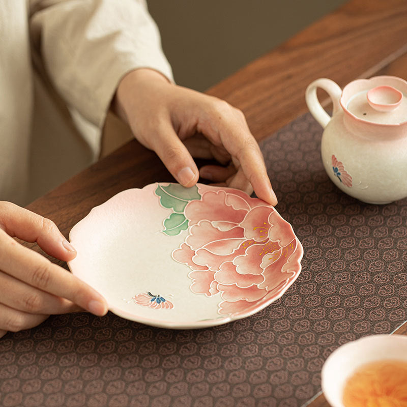 Authentic Jingdezhen Hand-Painted Pastel Pink Relief Peony Pot Bearer Tray - 20cm Teaware