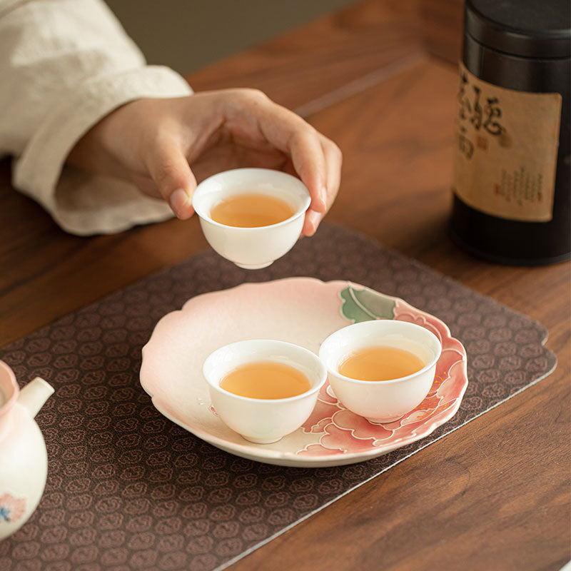 Authentic Jingdezhen Hand-Painted Pastel Pink Relief Peony Pot Bearer Tray - 20cm Teaware