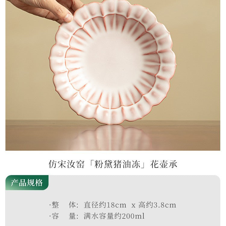 Authentic Song-Style Ru Ware Pink-Bisque Lard-Glaze Floral Pot Bearer Tray - 19cm Teaware