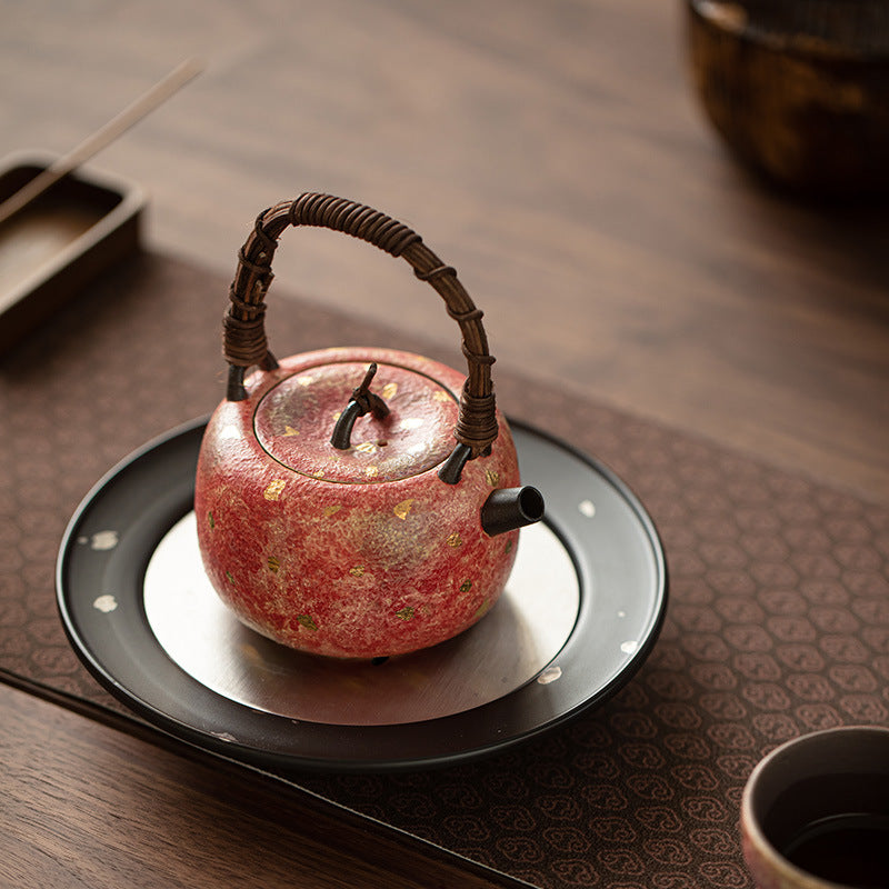 Authentic Jingdezhen Rock Mineral Colored Pottery Rattan-Woven Beam-Handle Teapot - 220ml Kettle