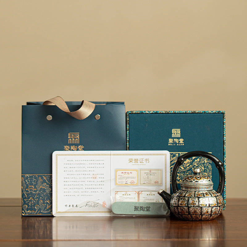Authentic Jingdezhen Silver-Gilt Bamboo-Joint Beam-Handle Thousand-Buddha Teapot - 220ml Gift Box