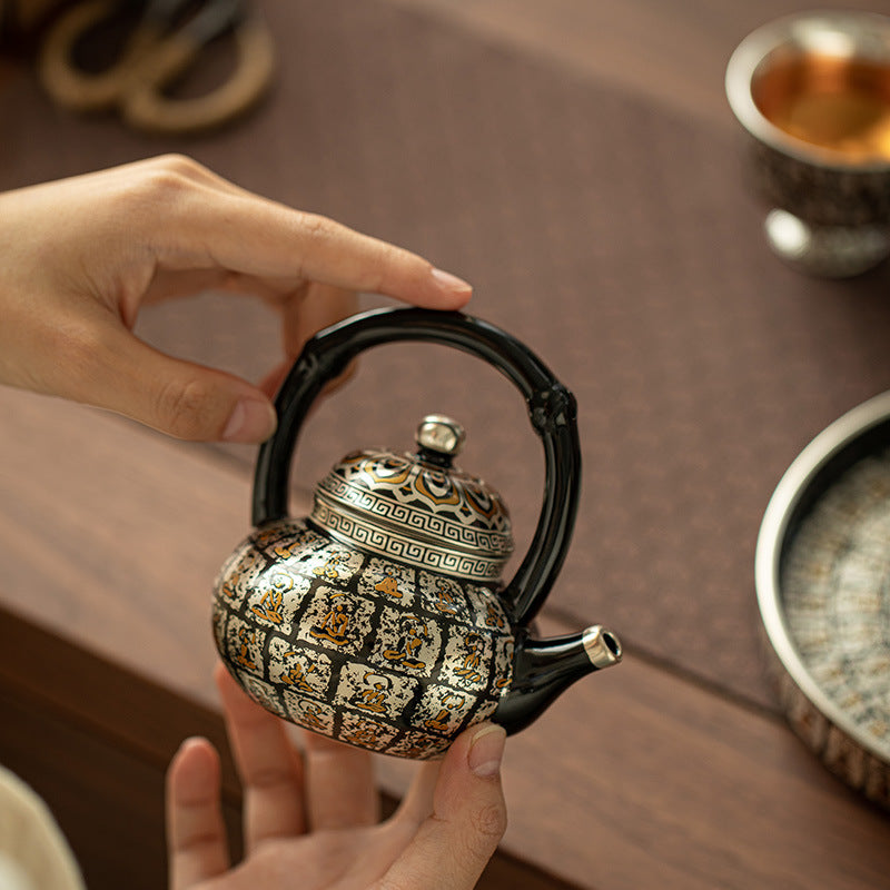 Authentic Jingdezhen Silver-Gilt Bamboo-Joint Beam-Handle Thousand-Buddha Teapot - 220ml Gift Box