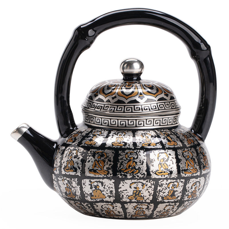 Authentic Jingdezhen Silver-Gilt Bamboo-Joint Beam-Handle Thousand-Buddha Teapot - 220ml Gift Box
