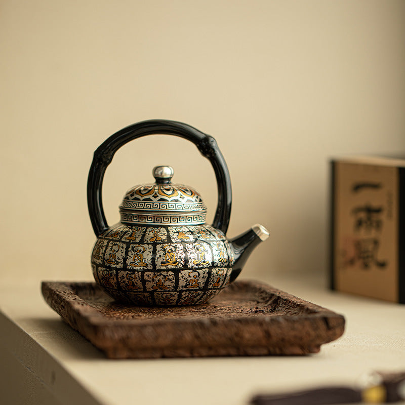 Authentic Jingdezhen Silver-Gilt Bamboo-Joint Beam-Handle Thousand-Buddha Teapot - 220ml Gift Box