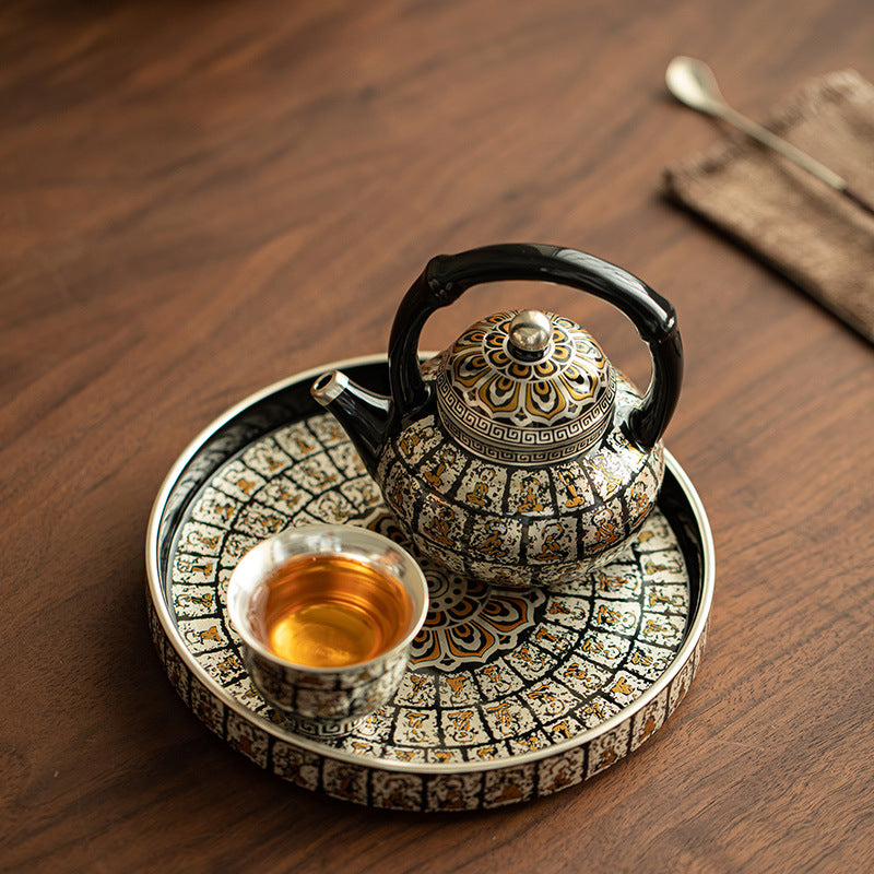 Authentic Jingdezhen Silver-Gilt Bamboo-Joint Beam-Handle Thousand-Buddha Teapot - 220ml Gift Box